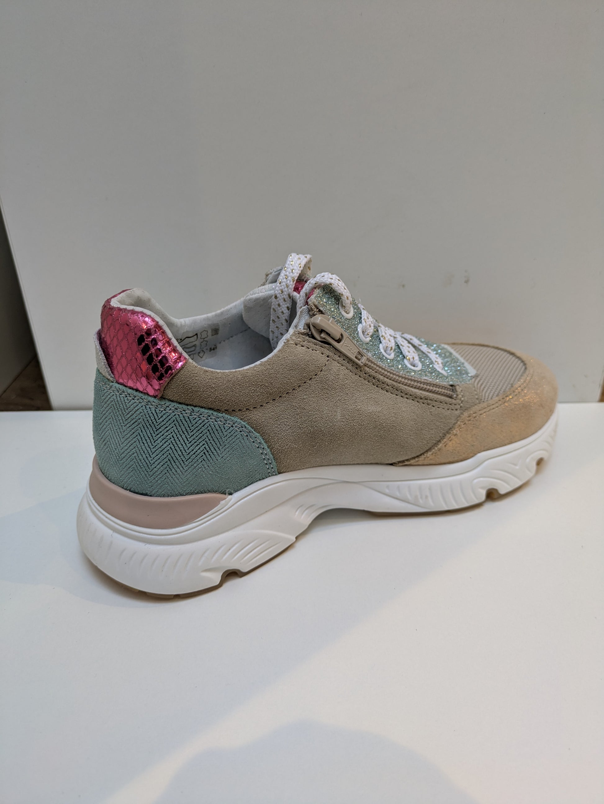 A girls casual trainer by Bopy, style Sarbacane in beige / multi, lace / zip fastening. Inner left side view.