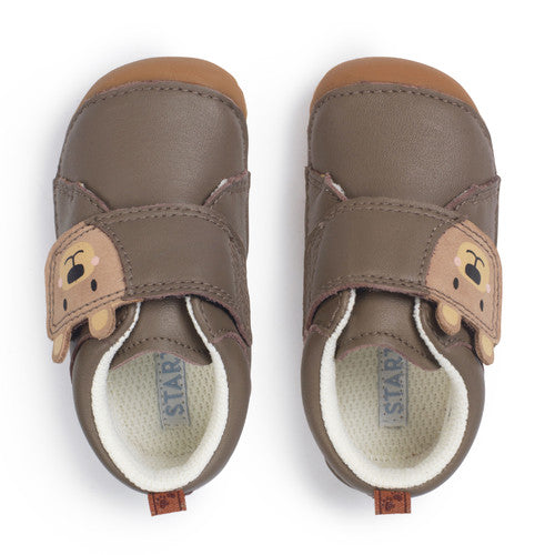 A boys pre-walker by Start-Rite, style Bear Hug in brown bark, with a bears face on the velcro strap. Above view of a pair.