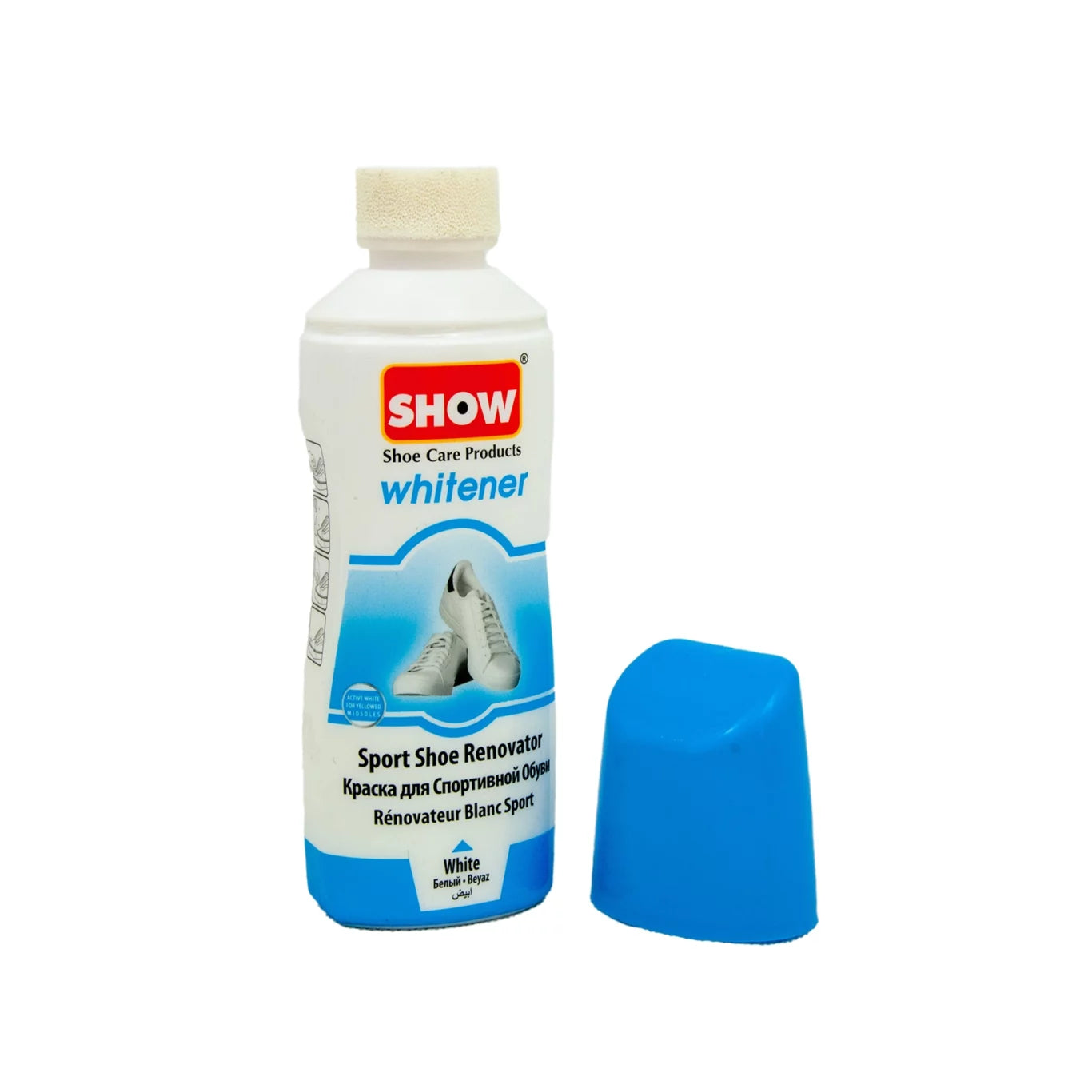 Bottle of show shoe whitener with sponge applicator 