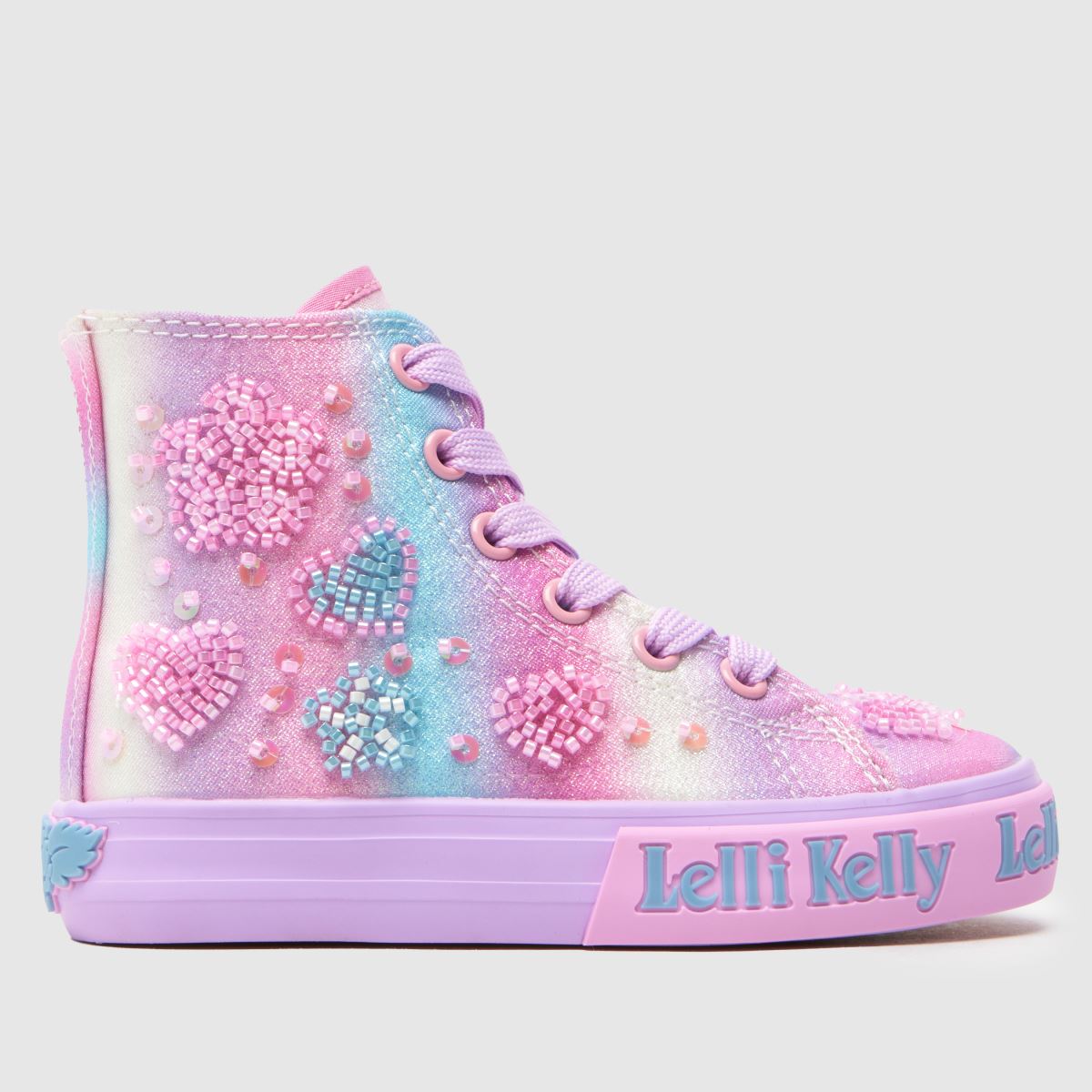 A girls high-top by Lelli Kelly, style LKED4900 Penelope in lilla/ multi with lace and zip fastening. Right side view.