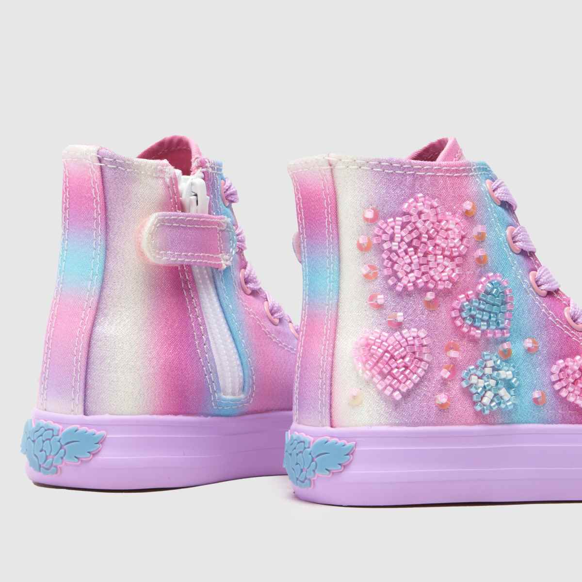 A girls high-top by Lelli Kelly, style LKED4900 Penelope in lilla/ multi with lace and zip fastening. A view of back section of a pair.
