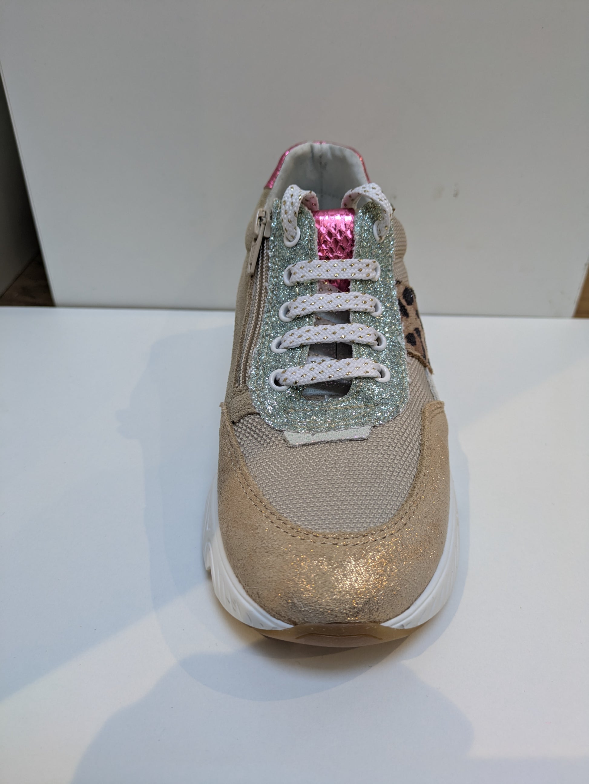 A girls casual trainer by Bopy, style Sarbacane in beige / multi, lace / zip fastening. Front left view.