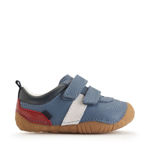 A boys pre-walker by Start-Rite, style Zap in blue, double velcro fastening. Right side view.