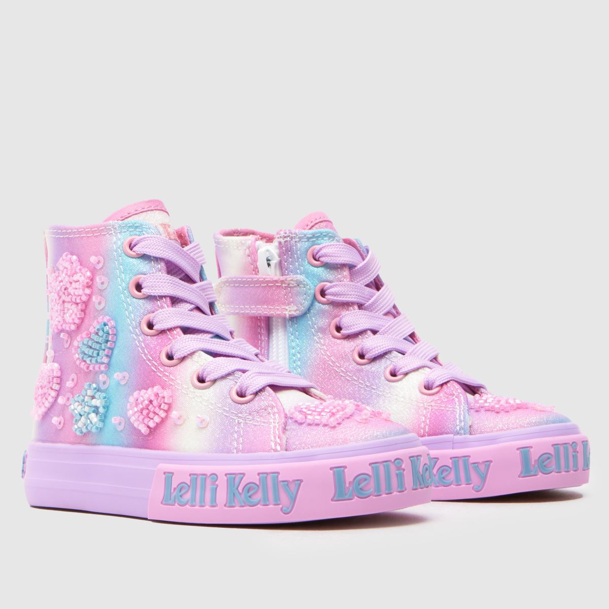 A girls high-top by Lelli Kelly, style LKED4900 Penelope in lilla/ multi with lace and zip fastening. Angled view of a pair.