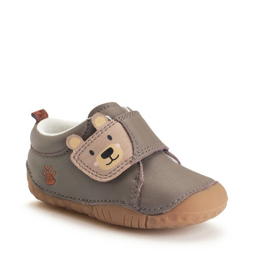 A boys pre-walker by Start-Rite, style Bear Hug in brown bark, with a bears face on the velcro strap. Right angled view.