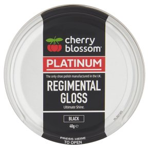 Small white tin of Cherry Blossom Platinum Regimental Gloss on a white background