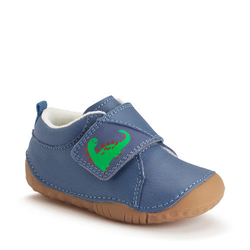 A boys pre-walker by Start-Rite, style Dinky, in blue with dinosaur motif on the velcro strap. Right angled view.