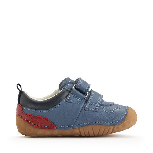 A boys pre-walker by Start-Rite, style Zap in blue, double velcro fastening. Left inner side view.