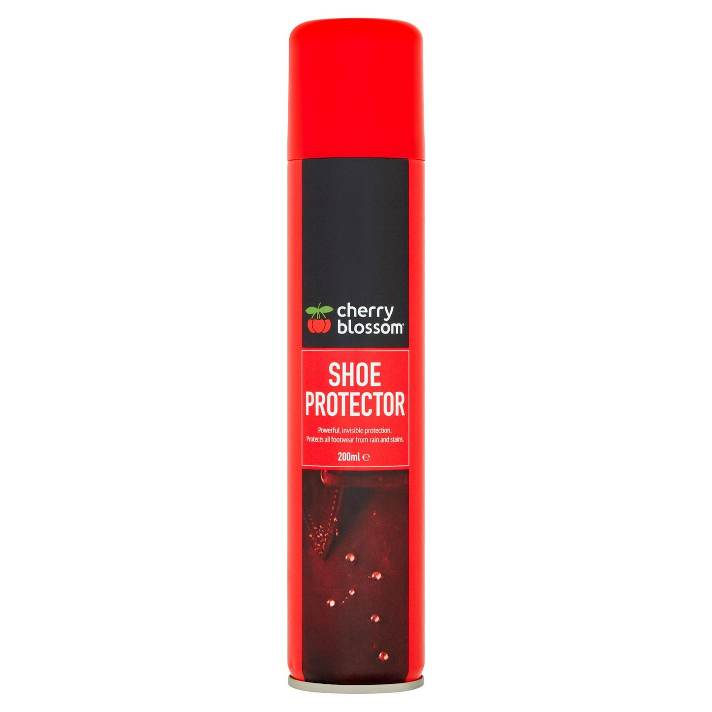 Red can of cherry blossom shoe protector on a white background