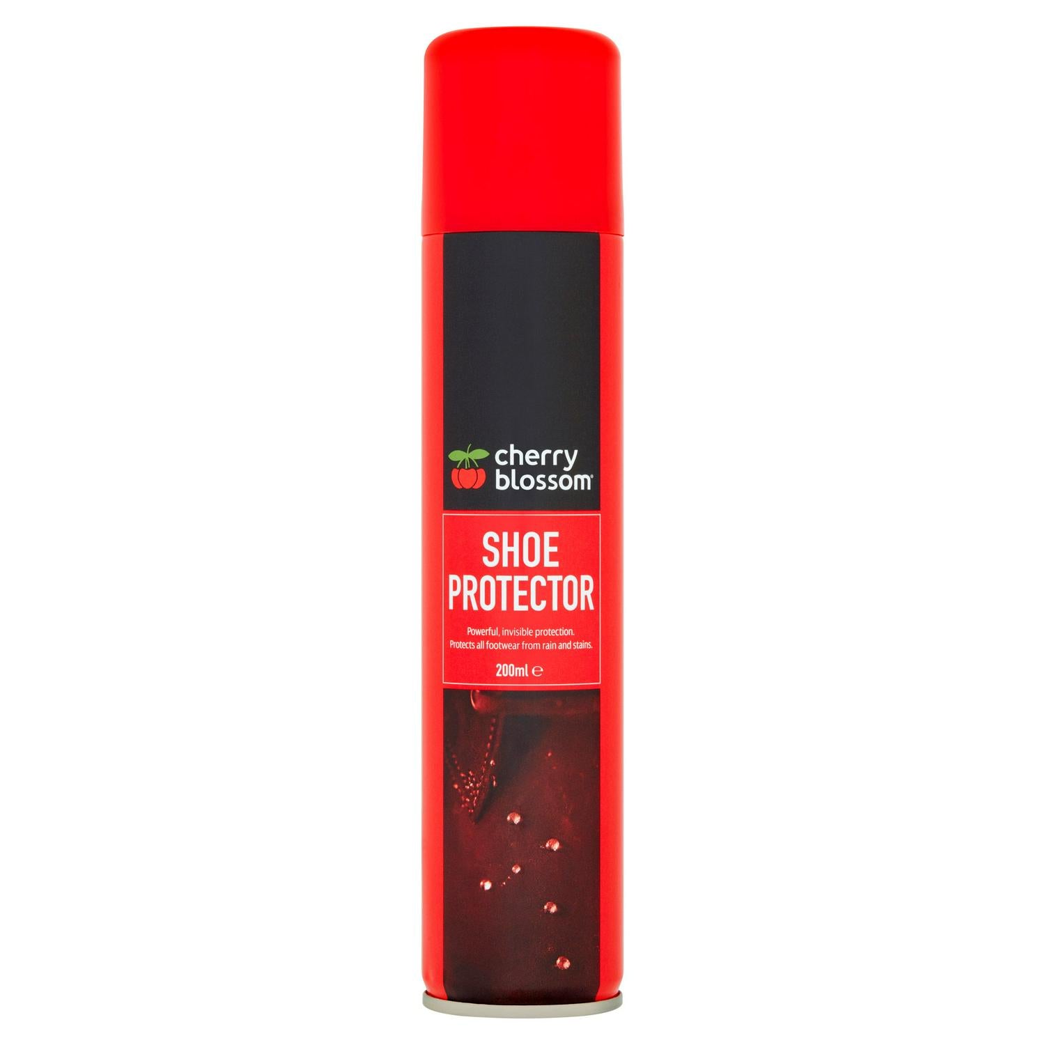 Red can of cherry blossom shoe protector on a white background