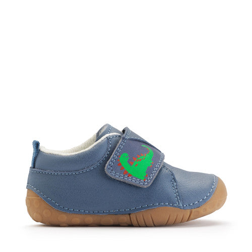 A boys pre-walker by Start-Rite, style Dinky, in blue with dinosaur motif on the velcro strap. Right side view.