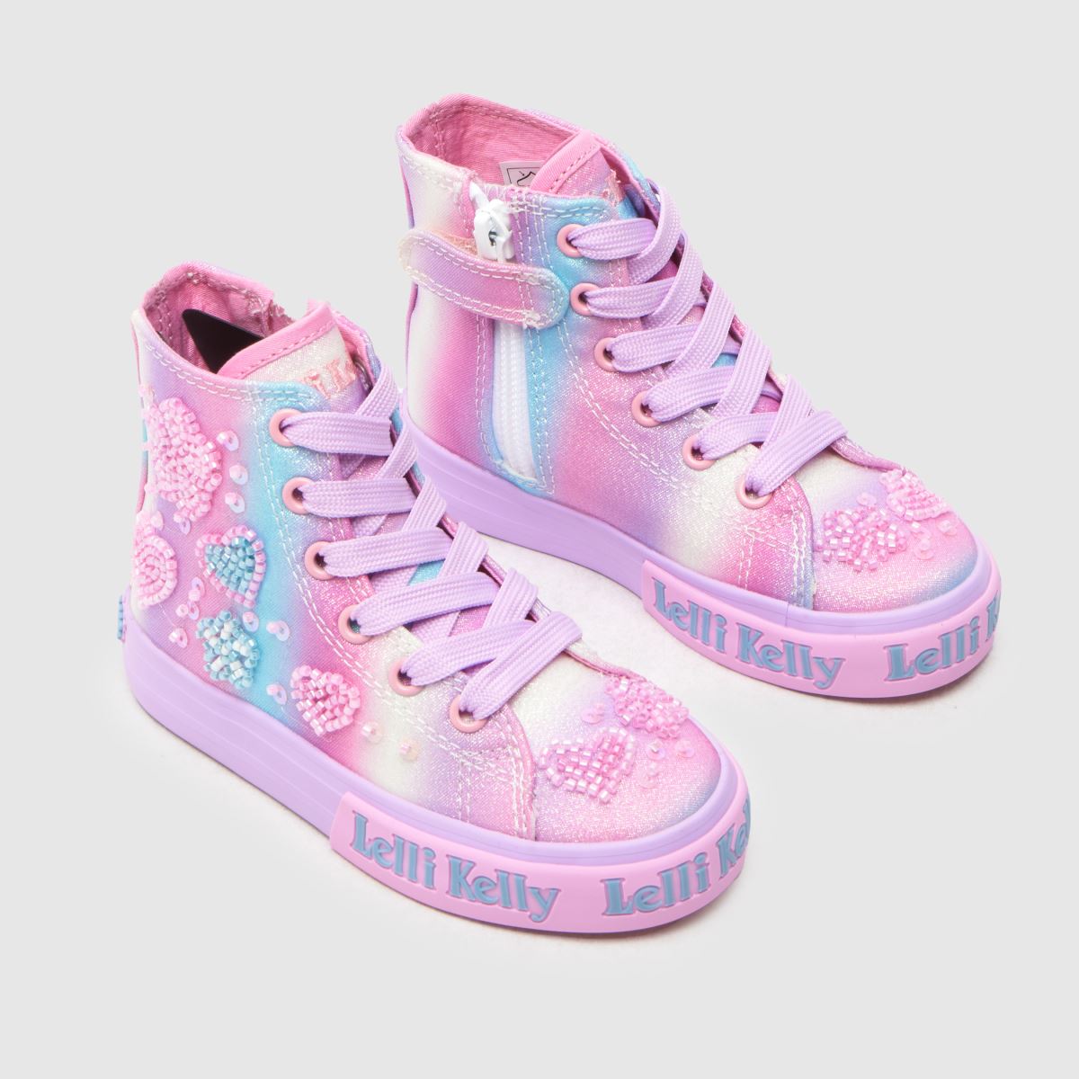 A girls high-top by Lelli Kelly, style LKED4900 Penelope in lilla/ multi with lace and zip fastening. Top angled view of a pair.
