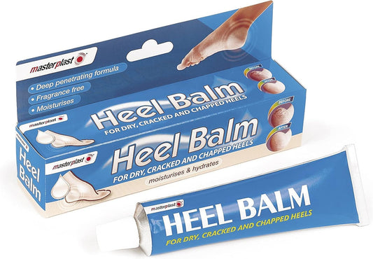 masterplast Heel Balm in blue packing on white background, omage of box and tube next to it