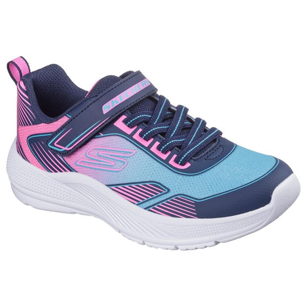Pink and blue trainer with navy velcro strap and laces by Skechers. Front view with Skechers logo