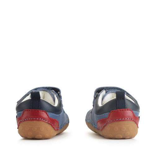 A boys pre-walker by Start-Rite, style Zap in blue, double velcro fastening. View of the back of a pair.