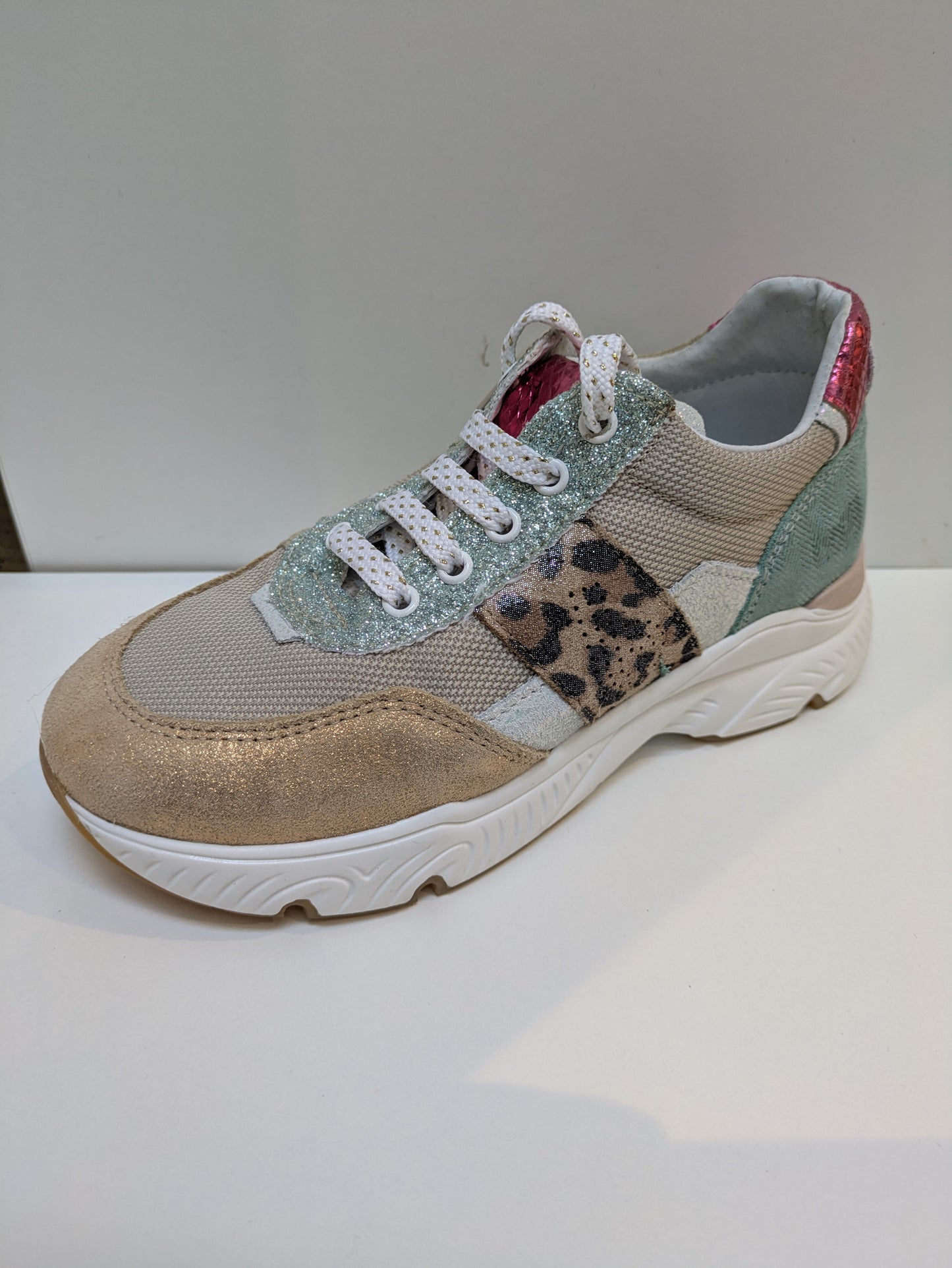 A girls casual trainer by Bopy, style Sarbacane in beige / multi, lace/ zip fastening. Left side view