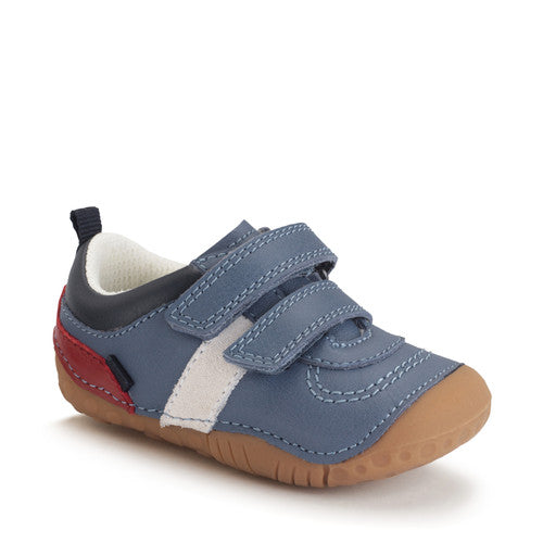 A boys pre-walker by Start-Rite, style Zap in blue, double velcro fastening. Right angled view.