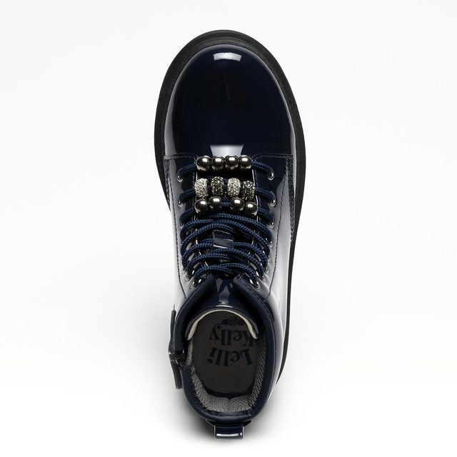 A girls boot by Lelli Kelly, style LKHG7505 Willow, in black patent with embellished beads on laces. Lace and zip fastening. Above view.