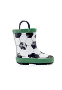 A fleece lined welly by Chipmunks, style Score, in black ,white and green football design. View of right side.