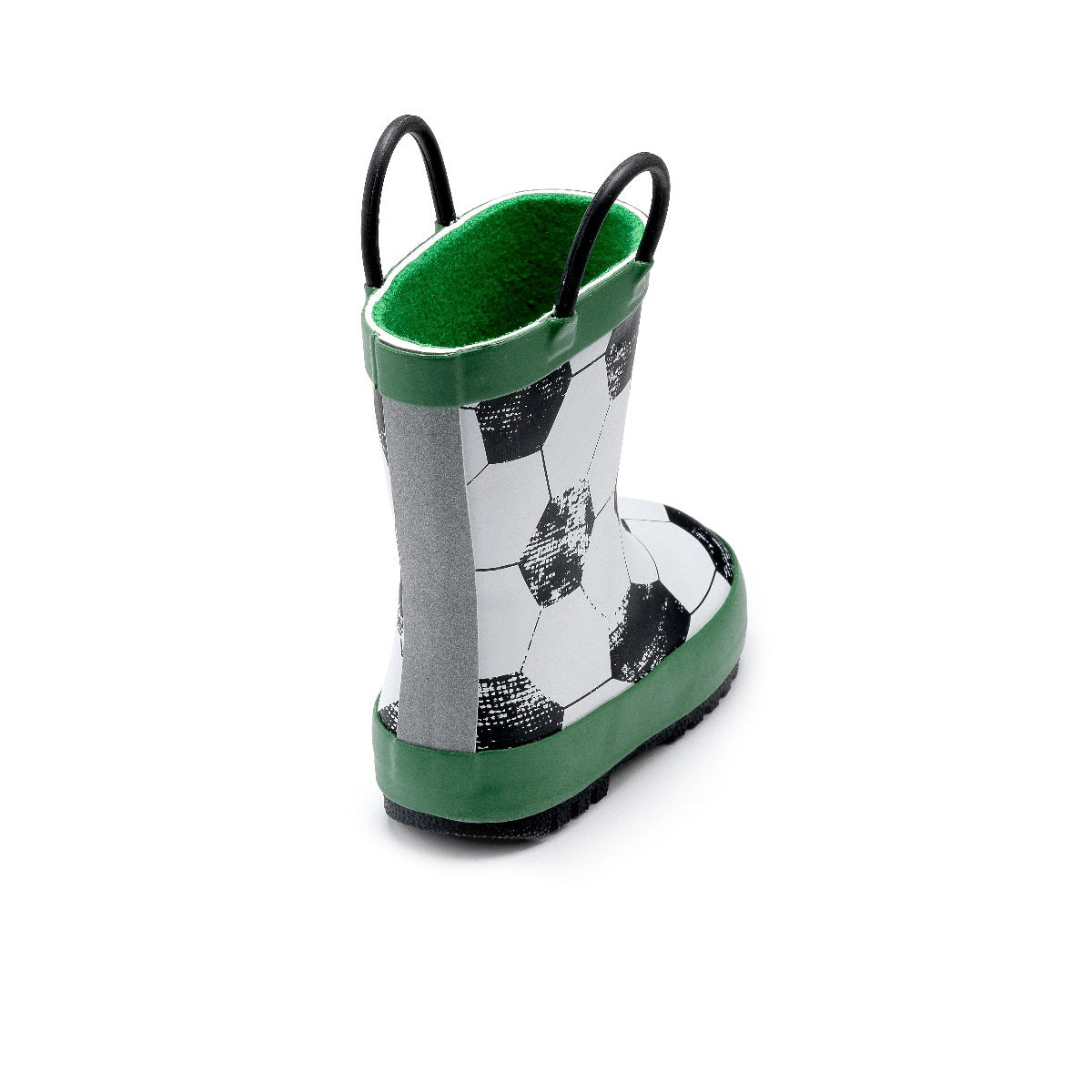 A pair of fleece lined wellies by Chipmunks, style Score, in black ,white and green football design. Angled view of back.