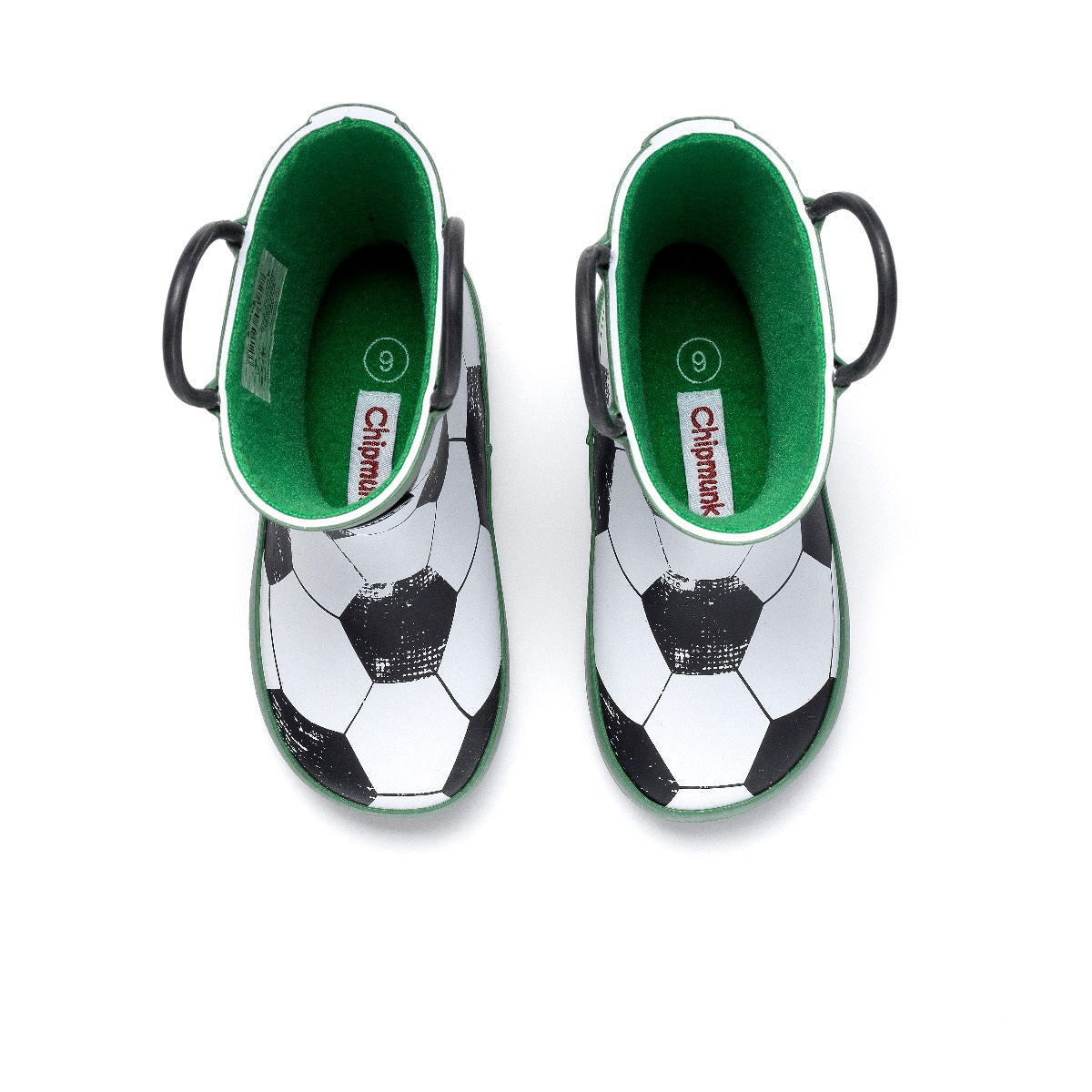 A pair of fleece lined wellies by Chipmunks, style Score, in black ,white and green football design. View from above.