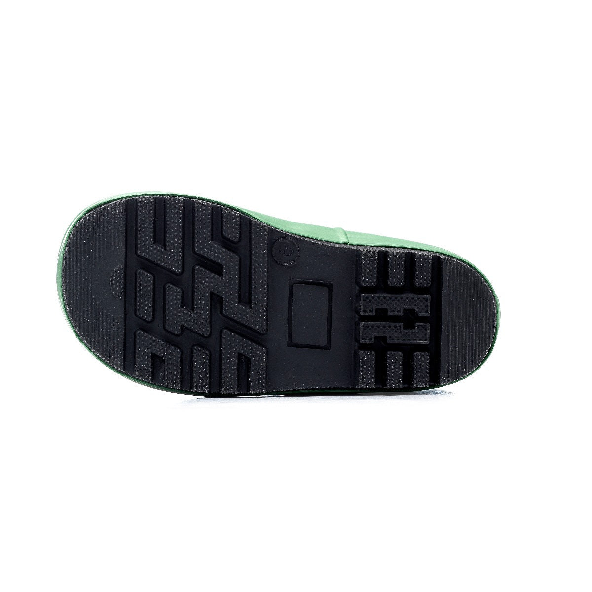A pair of fleece lined wellies by Chipmunks, style Score, in black ,white and green in football design. View of sole.