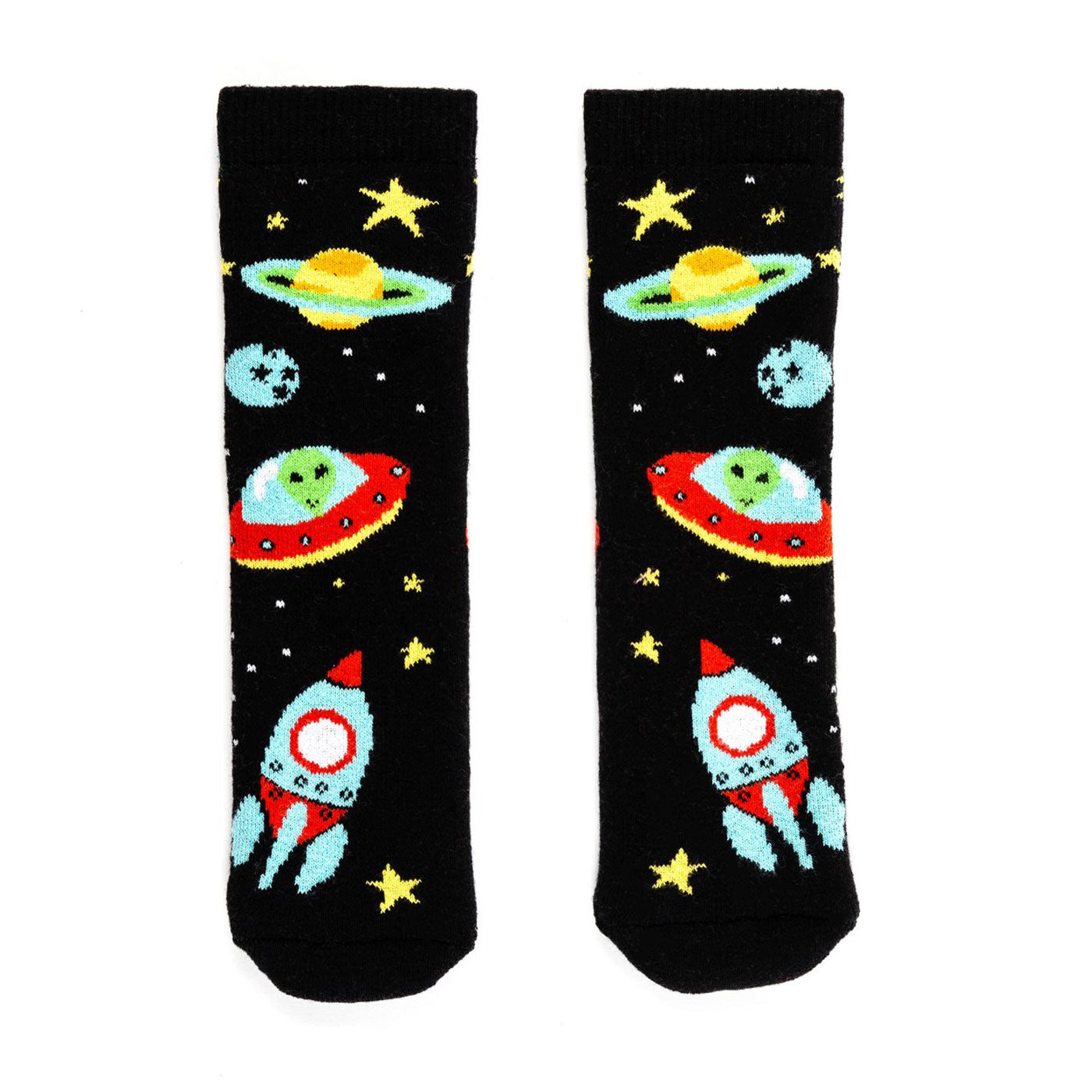 A pair of Mini welly socks by Squelch, style Space, in black with multi space print. Front view.