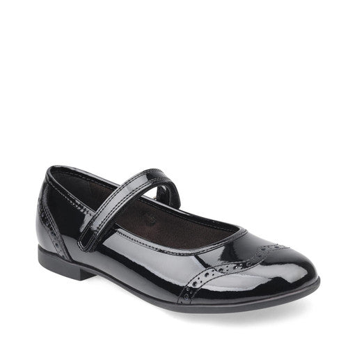 A girls school shoe by StartRite, style Impress in black patent with velcro strap and pattern detail on front and back. Angled right side view
