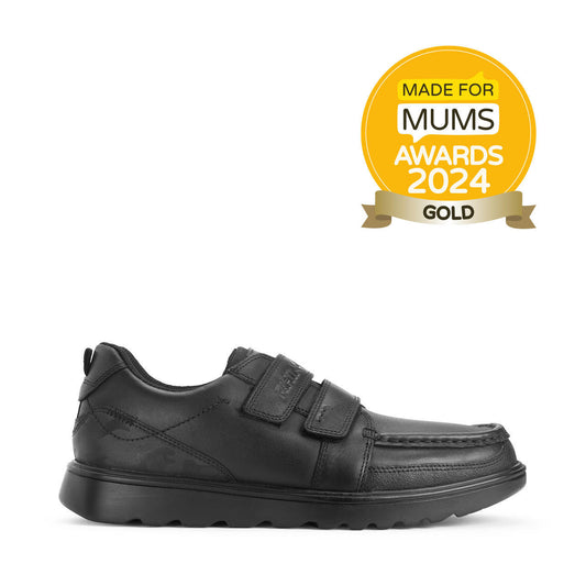 A boys school shoe by Start-Rite, style Mission, in black with double velcro fastening. Right side view.