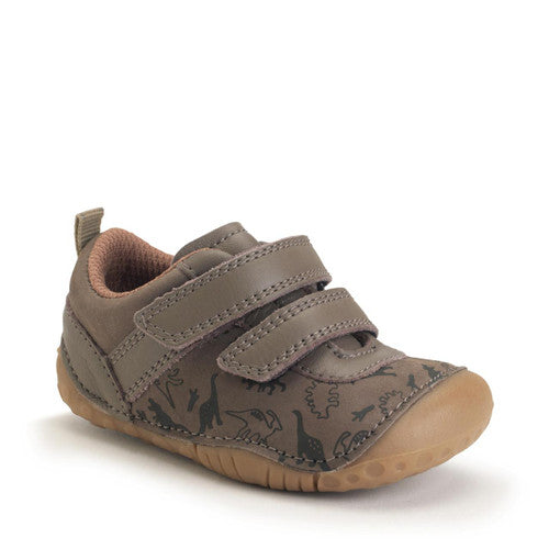 A boys pre walker by Start-Rite, style Roar, in taupe nubuck with dinosaur print and velcro fastening. Angled view.