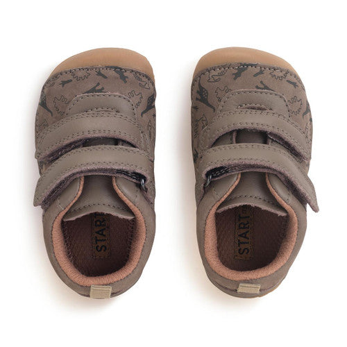 A boys pre walker by Start-Rite, style Roar, in taupe nubuck with dinosaur print and velcro fastening. Top view.