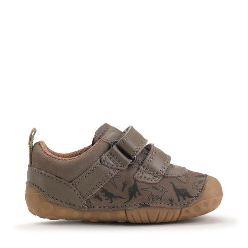 A boys pre walker by Start-Rite, style Roar, in taupe nubuck with dinosaur print and velcro fastening. Inside view.