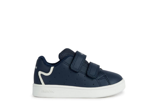 A boys casual shoe by Geox, style B Eclyper in navy with white trim, double velcro fastening. Right side view.