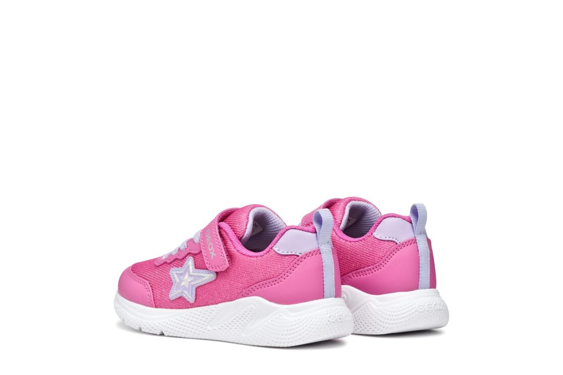 A girls trainer by Geox, style J Sprintye in fuchsia / lilac. Velcro strap, elastic laces. Rear angled view of a pair.