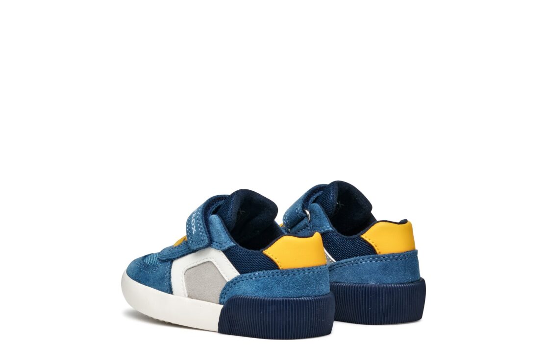 A boys trainer by Geox,style B Gisli, in light blue and yellow with velcro  and yellow elastic lace fastening. Angled left side view of pair.