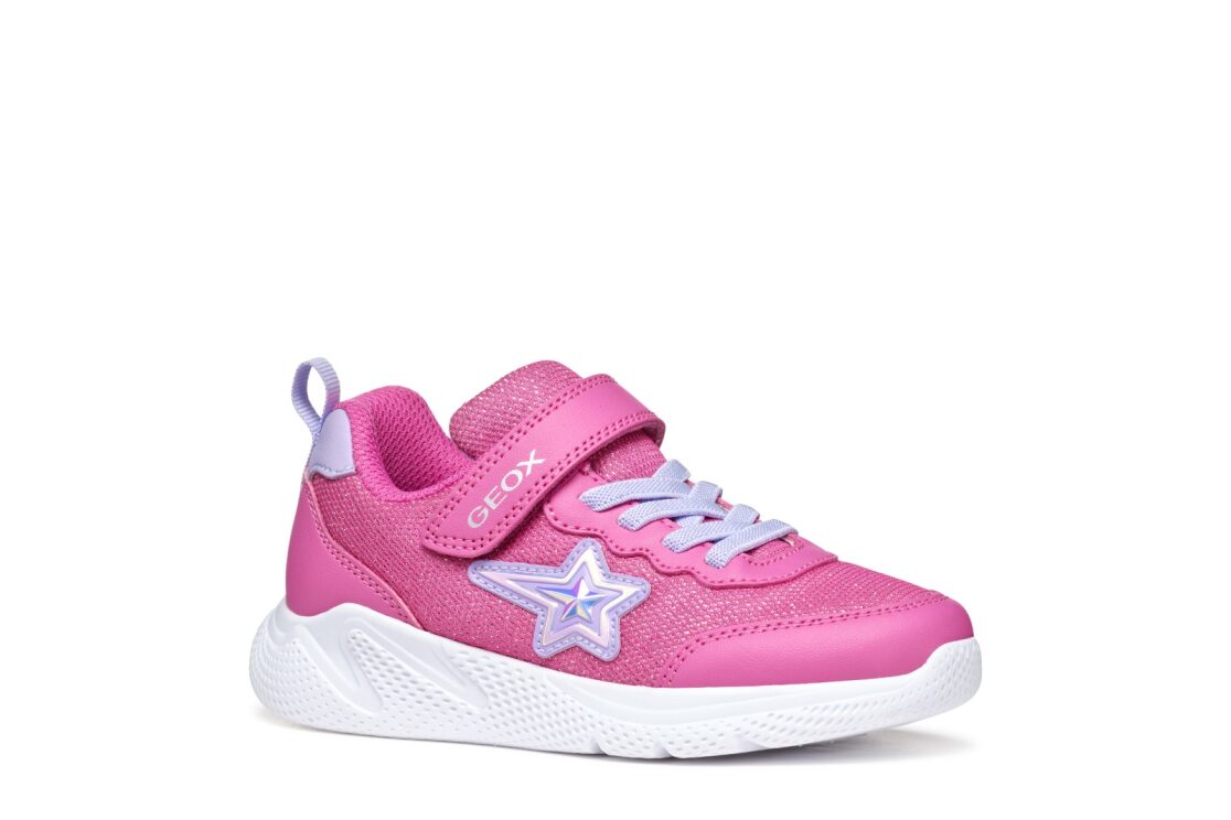 A girls trainer by Geox, style J Sprintye in fuchsia / lilac with velcro strap and elastic laces.