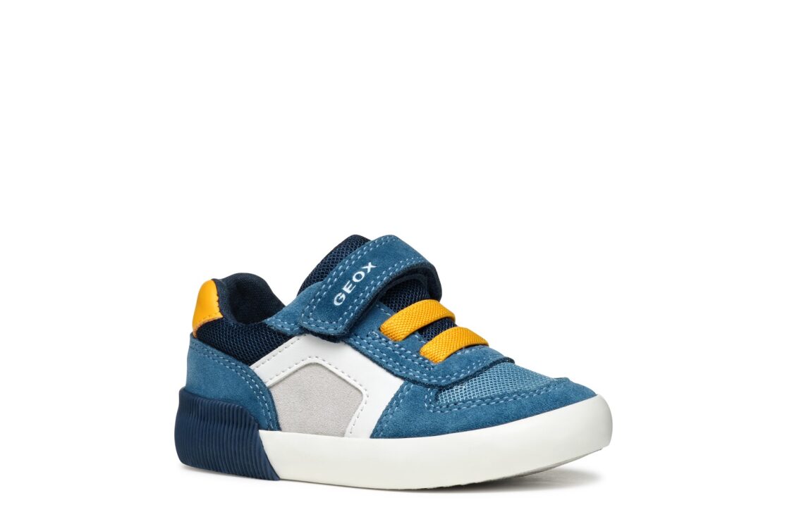 A boys trainer by Geox,style B Gisli, in light blue and yellow with velcro  and yellow elastic lace fastening. Right side view.