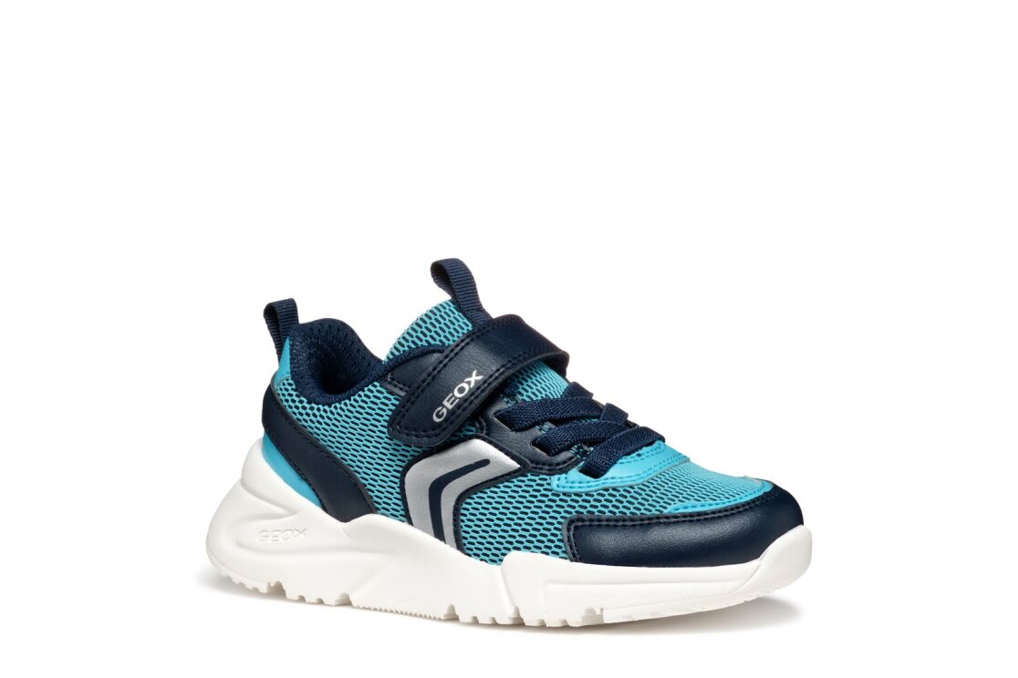 A boys trainer by Geox,  style J Loftus in sky / navy, velcro fastening with elastic laces. Right angled view.