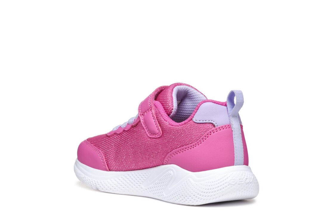 A girls trainer by Geox, style J Sprinye in fuchsia / lilac. Velcro strap and elastic laces. Inner right side rear angled view.