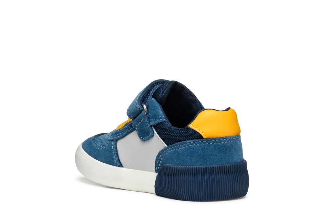 A boys trainer by Geox,style B Gisli, in light blue and yellow with velcro  and yellow elastic lace fastening. Angled left side view.