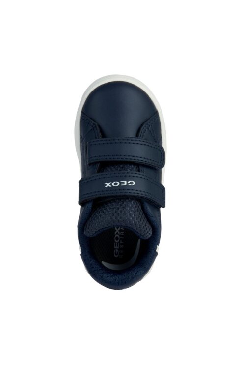 A boys casual shoe by Geox, style B Eclyper in navy with white trim, double velcro fastening. Above view.