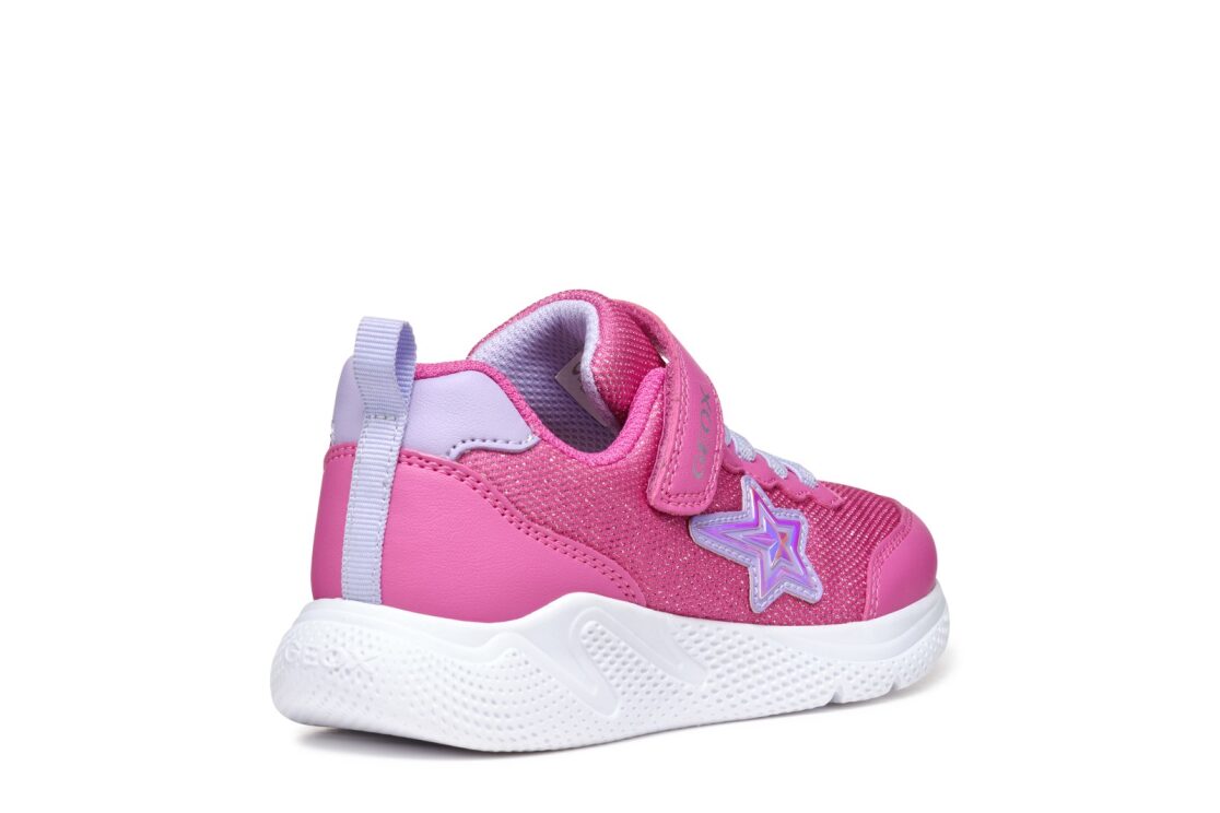 A girls trainer by Geox, style J Sprintye in fuchsia / lilac, with velcro strap and elastic laces. Right outer side view.