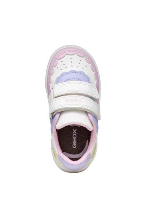 A girls casual shoe by Geox, style B Eclyper in white/ light yellow with double velcro straps. Above view of right shoe.