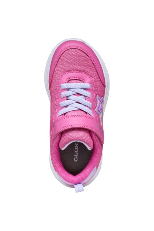 A girls trainer by Geox, style J Sprintye in fuchsia / lilac, with a velcro strap and elastic laces. Above right view.