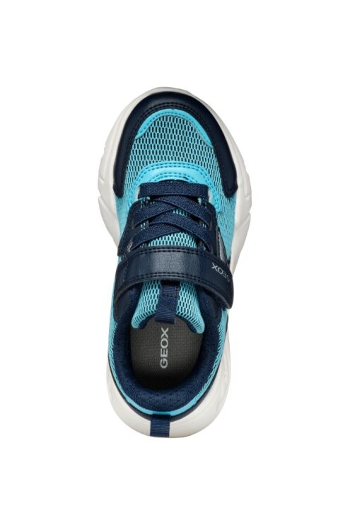 A boys trainer by Geox, style J Lotus in sky / navy. Velcro fastening with elastic laces. Above view of right shoe.