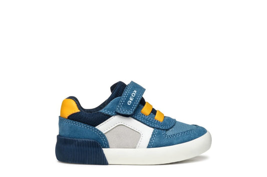 A boys trainer by Geox,style B Gisli, in light blue and yellow with velcro  and yellow elastic lace fastening. Right side view.