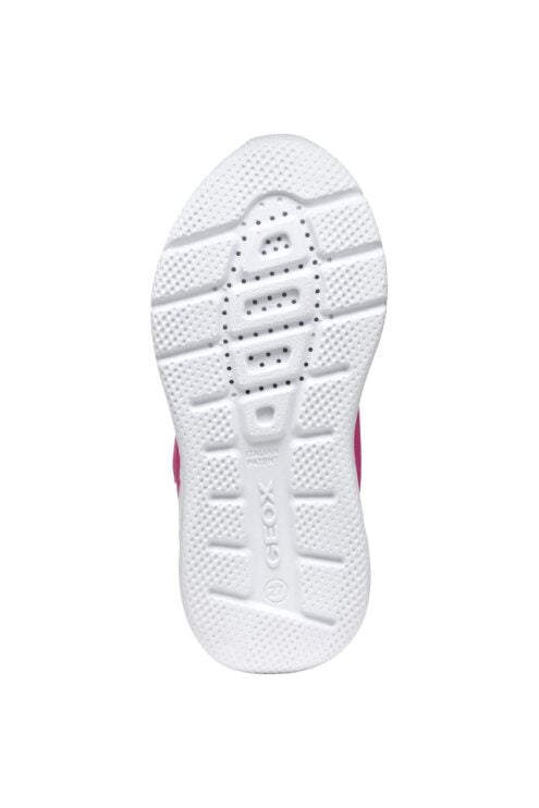 A girls trainer by Geox, style J Sprintye in fuchsia / lilac, with a vlcro strap and elastic laces. View of white sole.