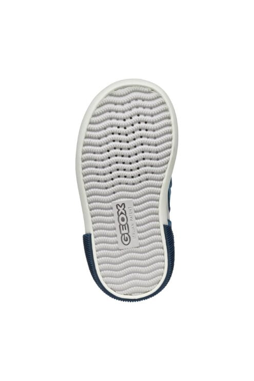 A boys trainer by Geox,style B Gisli, in light blue and yellow with velcro  and yellow elastic lace fastening. View of sole.
