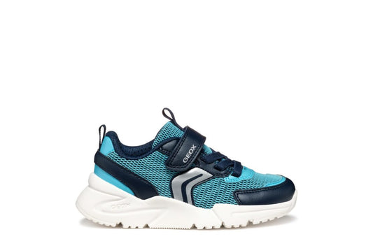 A boys trainer by Geox , style J Loftus in sky/navy, velcro with elastic laces. Right side view.