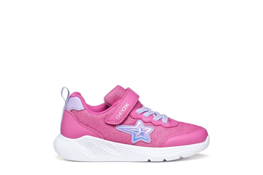 A girls trainer by Geox, style J Sprintye in fuchsia / lilac. Velcro/ elastic lace fastening. Right side view.